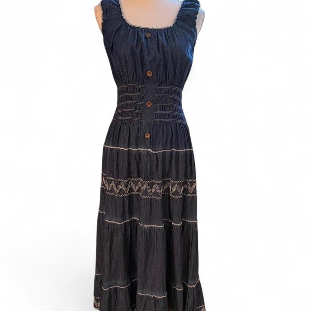 Lapis blue stretchy faux denim maxi dress with buttons & Smocked waist sz M
